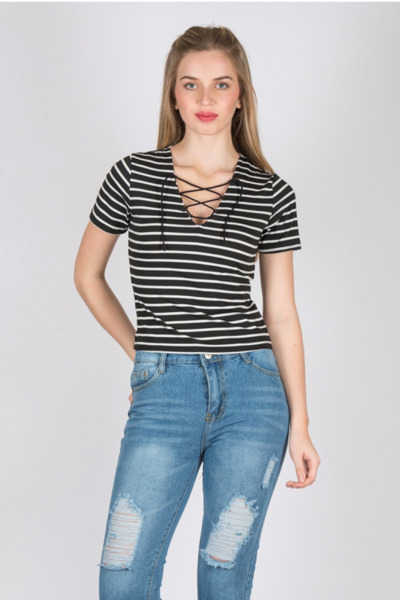 Imagen de CROP TOP LYCRA RAYADO ACORDONADO